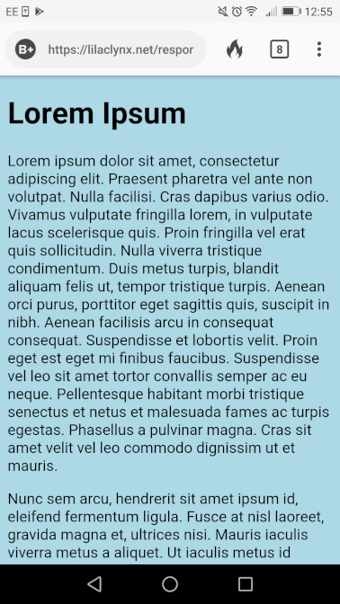 The site on mobile, with the text properly scaled
